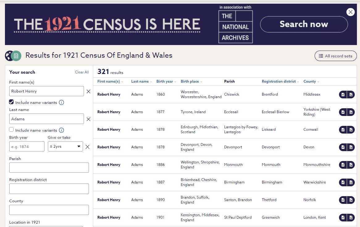 1921 Census image from Find My Past website