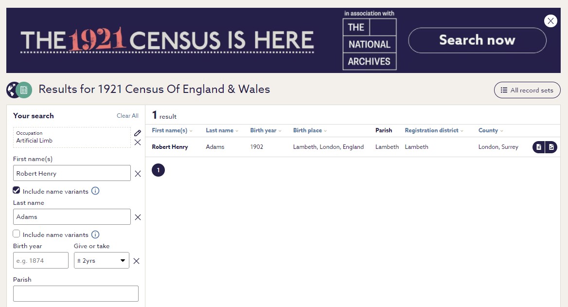 1921 Census image from Find My Past website