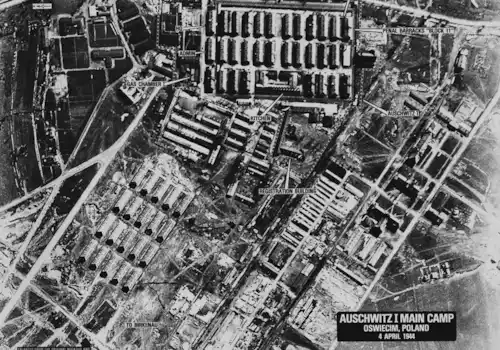 An US aerial reconnaissance photograph of the Auschwitz concentration camp showing the Auschwitz I camp. Photo taken 4 April 1944. An US aerial reconnaissance photograph of the Auschwitz concentration camp showing the Auschwitz I camp. Photo taken 4 April 1944.
