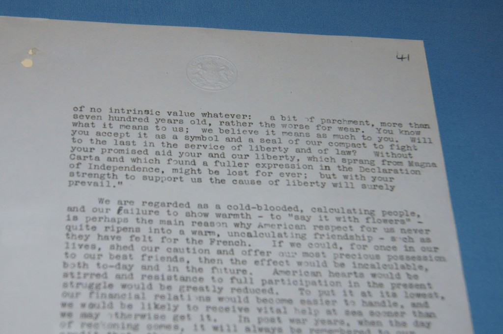 In this correspondence from 1941 the Foreign Office describes the Magna Carta as being of ‘no intrinsic value whatever’. However, the idea was still being mooted to donate Lincoln’s copy of Magna Carta to the Americans by way of a thank you for their support in the war effort. © Helen Tovey