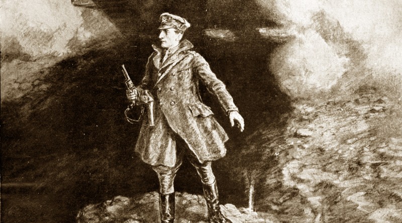 An etching of Hotblack guiding a tank out in to battle, an action for which he won the Distinguished Service Order medal