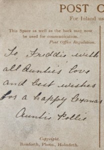 A postcard send with fond wishes from his auntie to Frederick Wood.