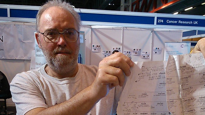 Mr Cowherd proudly displaying his remarkably battered tree - which has links to George Harrison, Wilfred Owen and Alexander Graham Bell's assistant!