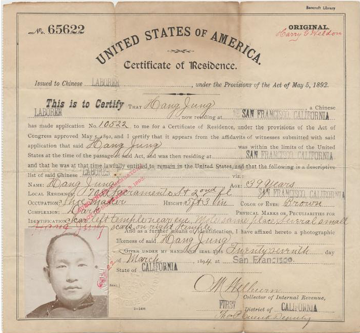 A certificate of residence from the era of the Chinese Exclusion Act
