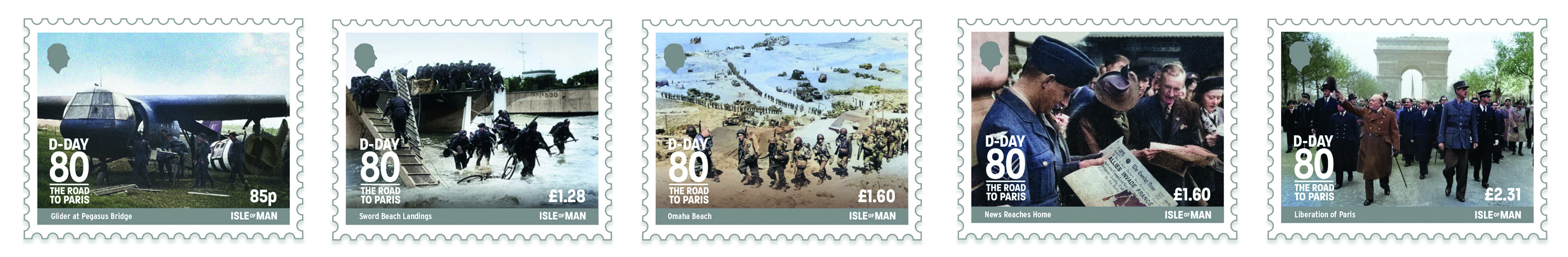 5 stamps showing imagery of D-Day 6th June 1944