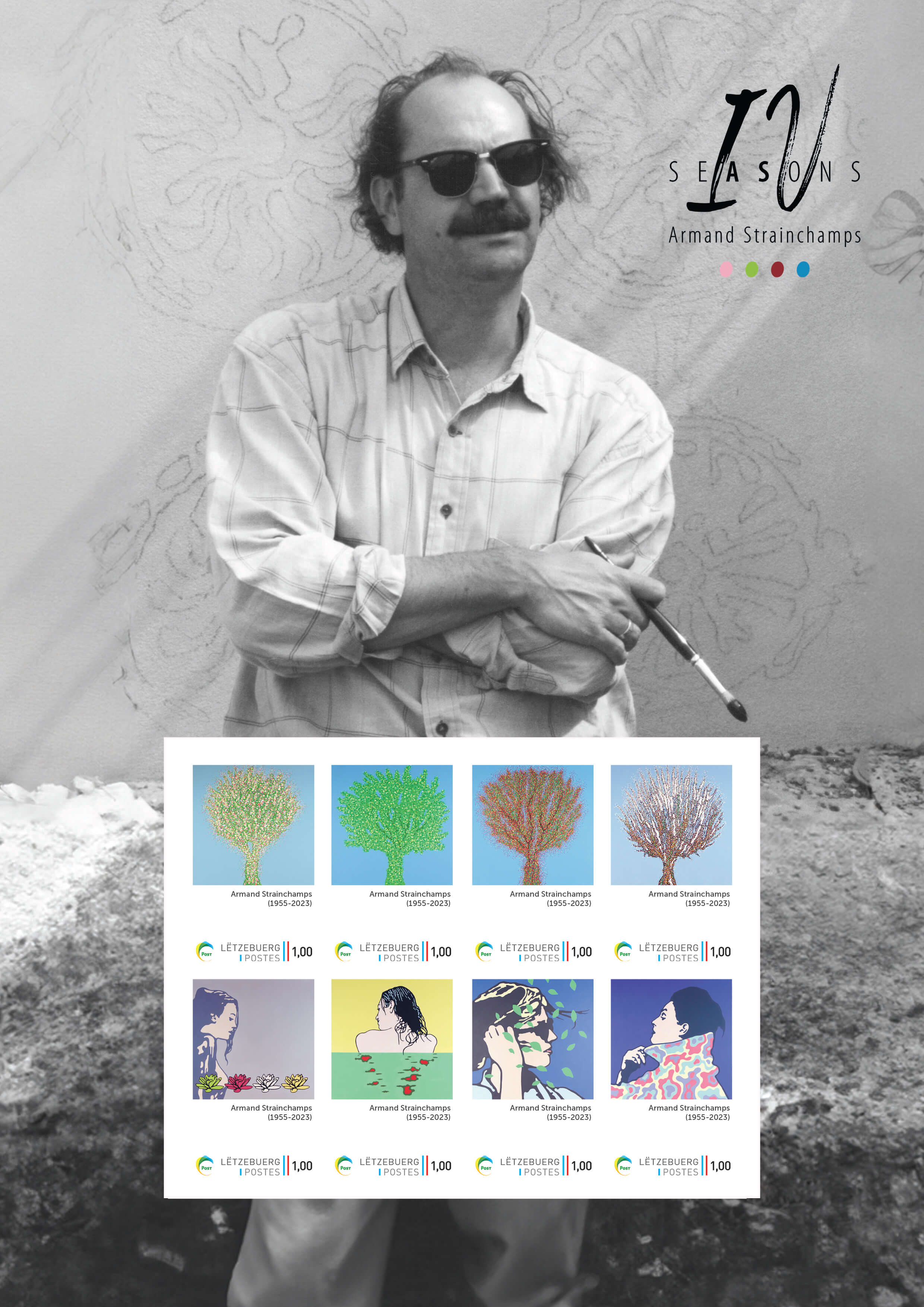 Armand Strainchamps pictured with sheet of 8 stamps featuring his work