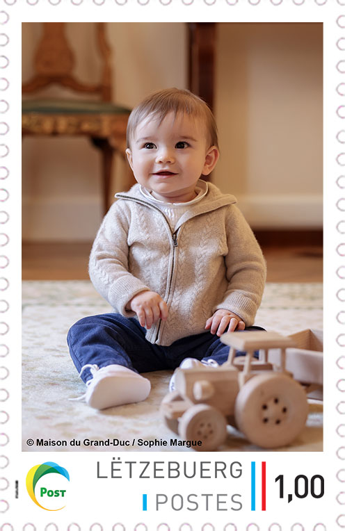 Stamp showing Prince Francois of Luxembourg surrounded by toys