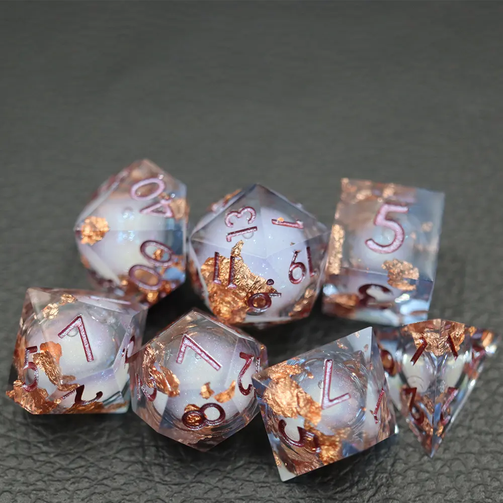 Beautiful set of purple pearlescent dice with gold