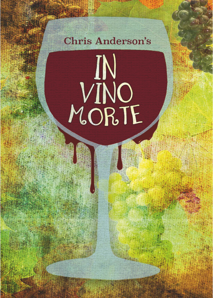 In Vino Morte Game cover, showing a large wine glass with the name white amongst the red. 