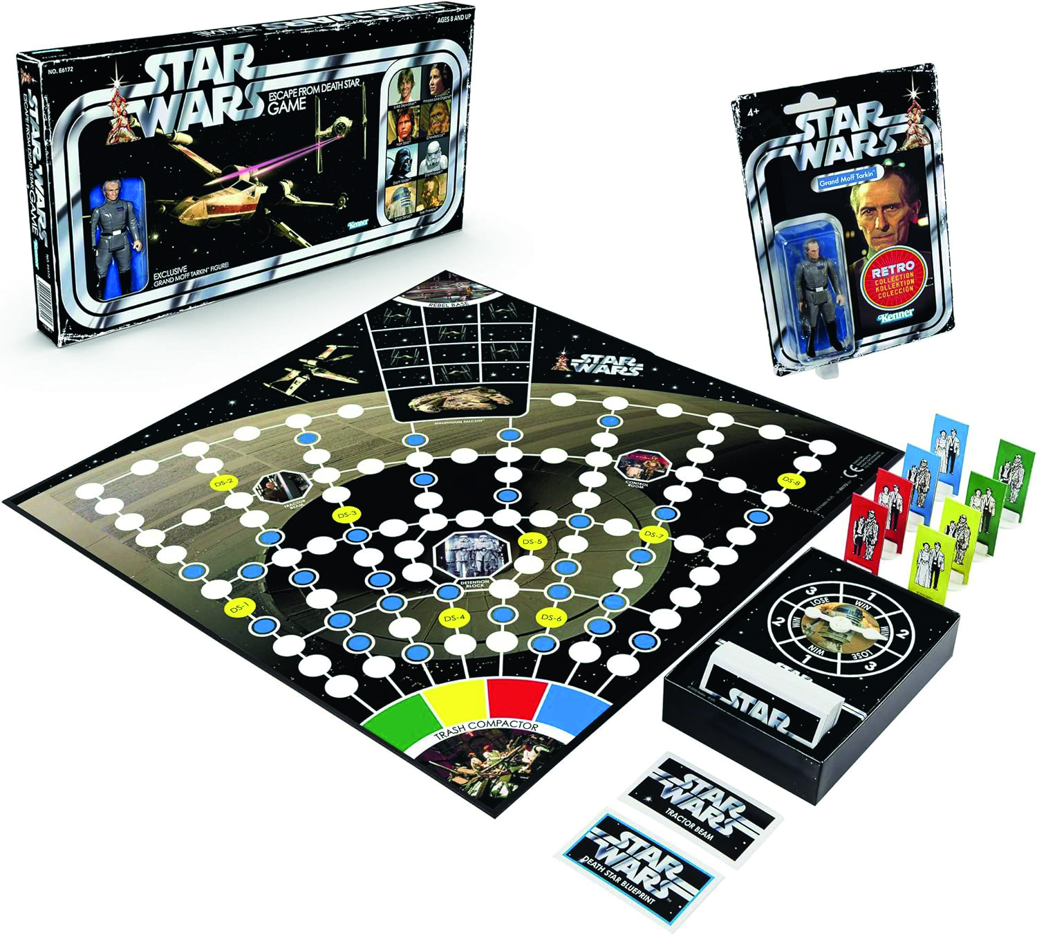A box with old classic Star Wars sStyling for the Death Star game, with a board in front of it, cards laid out, a spinner, standees, and a retro Kenner Style Grand Moff Tarkin figure