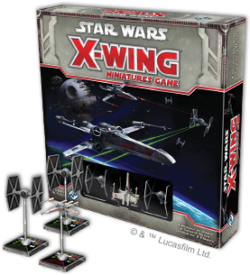 Star Wars X-Wing: The Miniatures Game box, with three space ships standees in front of it