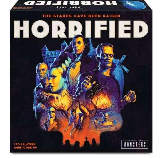 The board game box for Horrified, a cooperative family friendly board game